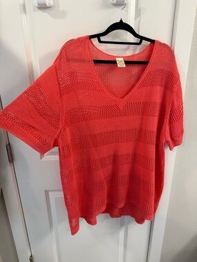 4X - Faded Glory Open-Knit V-Neck Sweater Tank in Coral